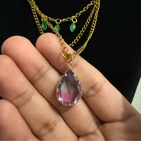 Fairycore Purple Ombre Crystal Pendant Green Leaf Necklace - Picture 10 of 16